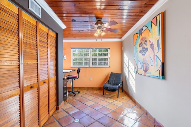 tiled home office featuring a ceiling fan, wooden ceiling, visible vents, and crown molding