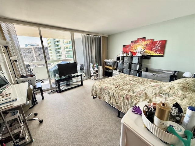 carpeted bedroom with floor to ceiling windows