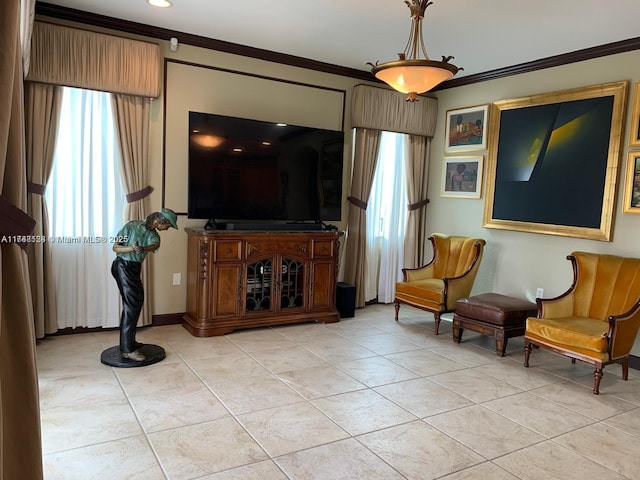 living area featuring light tile patterned floors and ornamental molding