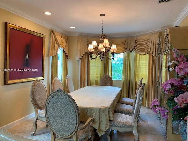 dining area with light tile patterned flooring, a notable chandelier, crown molding, and baseboards