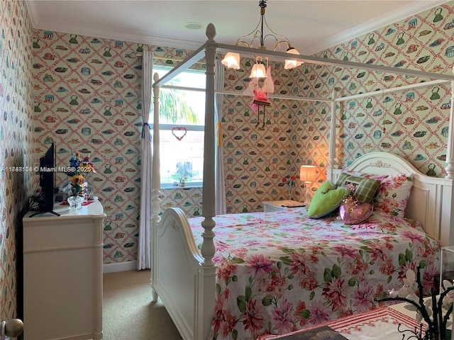 bedroom with wallpapered walls, crown molding, and carpet