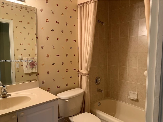 bathroom featuring shower / bath combination with curtain, wallpapered walls, vanity, and toilet