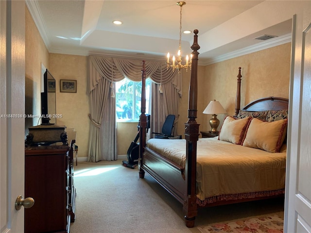 bedroom featuring visible vents, ornamental molding, baseboards, carpet, and a raised ceiling