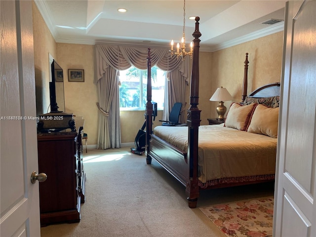 carpeted bedroom with visible vents, a raised ceiling, and crown molding