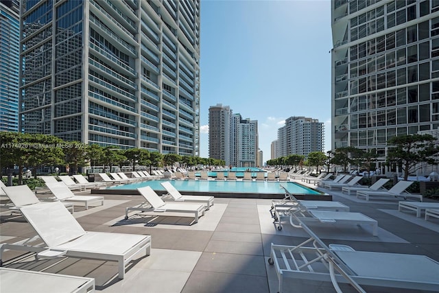 community pool featuring a city view and a patio area