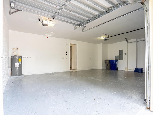 garage featuring a garage door opener, electric panel, and water heater