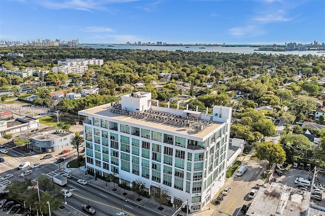 aerial view featuring a water view and a view of city