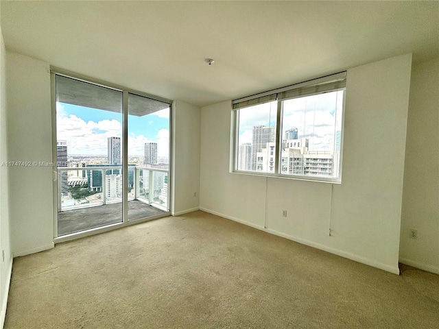 empty room featuring carpet flooring, a city view, and baseboards