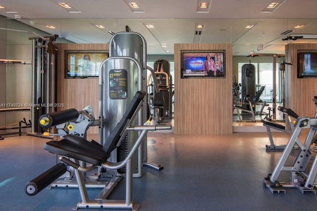 1600 SW 1st Ave Unit 703, Miami, FL 33129 - exercise room featuring wooden walls