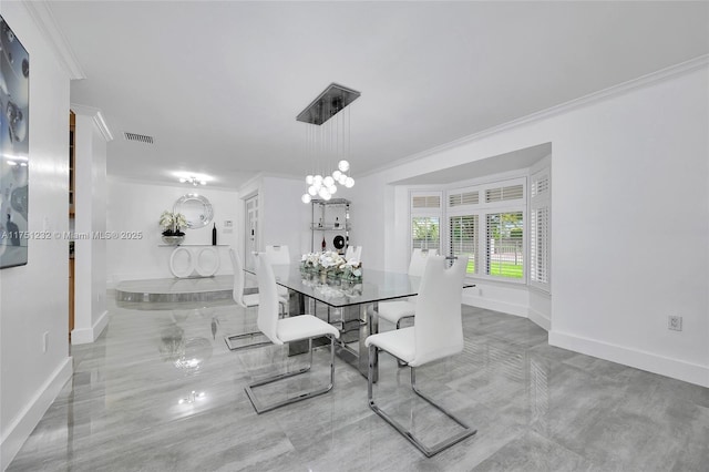 dining space with visible vents, ornamental molding, and baseboards