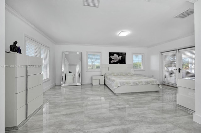 unfurnished bedroom with ornamental molding, multiple windows, and visible vents