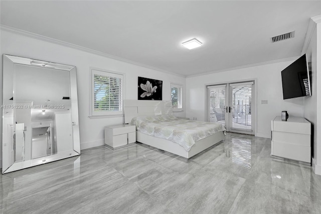 bedroom with access to exterior, visible vents, ornamental molding, and french doors