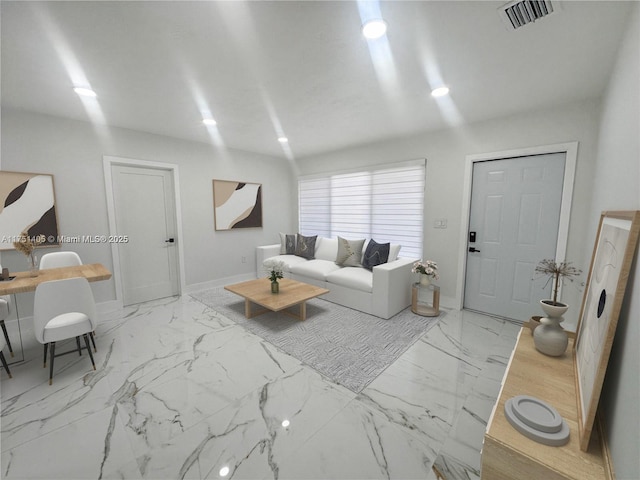 living room with recessed lighting, baseboards, visible vents, and marble finish floor