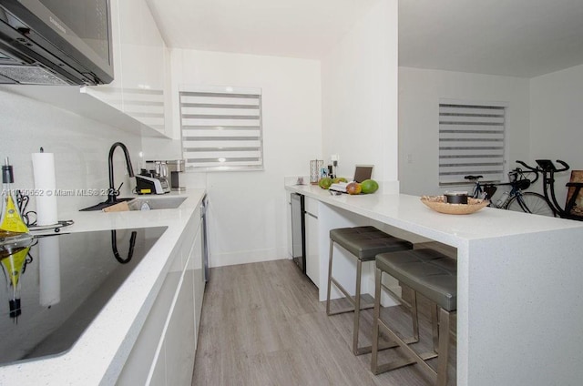 kitchen with light wood-type flooring, light countertops, a sink, and baseboards