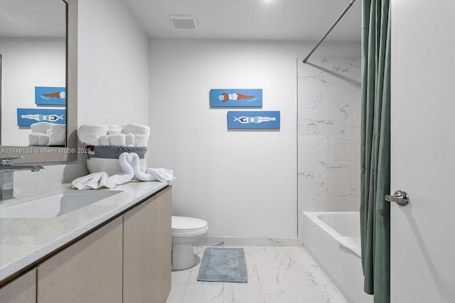 full bathroom featuring visible vents, toilet, marble finish floor, bathtub / shower combination, and vanity