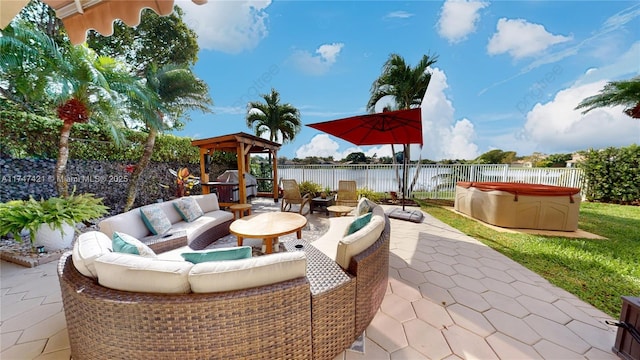 view of patio / terrace with a pool, a water view, a grill, a fenced backyard, and an outdoor living space