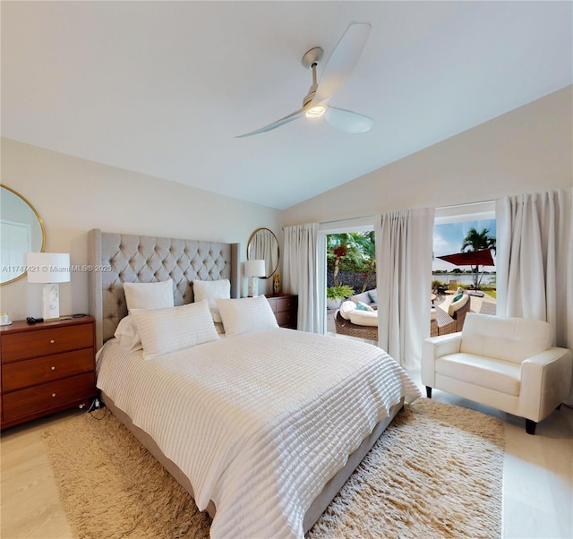 bedroom with vaulted ceiling, access to outside, a ceiling fan, and light wood-style floors