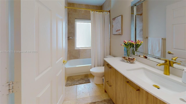 bathroom featuring toilet, shower / bathtub combination with curtain, and vanity