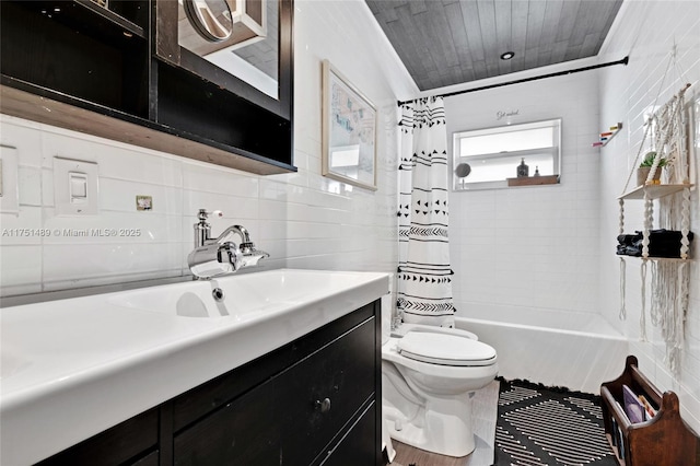 full bath with toilet, vanity, tile walls, decorative backsplash, and shower / bath combination with curtain