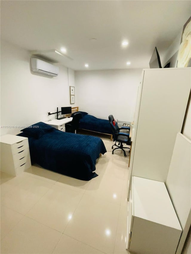 bedroom with recessed lighting, light tile patterned flooring, and a wall mounted AC