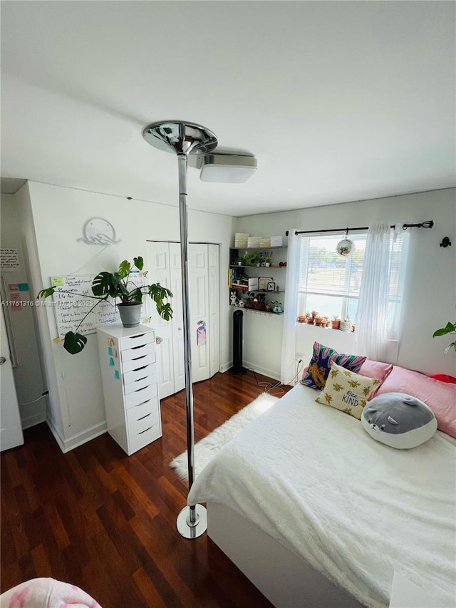 bedroom featuring ceiling fan, wood finished floors, and multiple closets