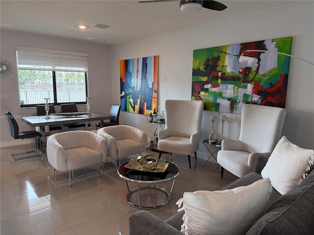 4640 NW 84th Ave Unit 13, Doral, FL 33166 - living room with tile patterned floors, a ceiling fan, and recessed lighting