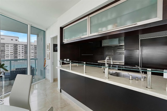 kitchen with dark cabinets, a sink, light countertops, expansive windows, and glass insert cabinets