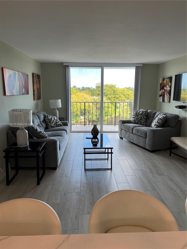 living area with expansive windows and wood finished floors