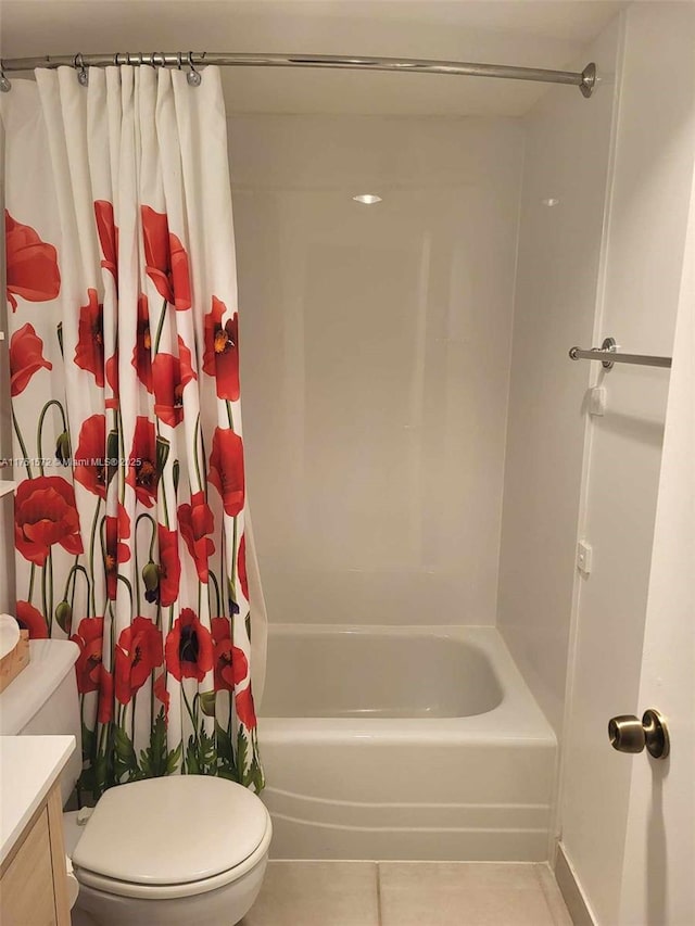 full bath featuring shower / tub combo with curtain, toilet, vanity, and tile patterned floors