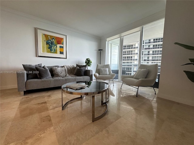 living room featuring baseboards and crown molding