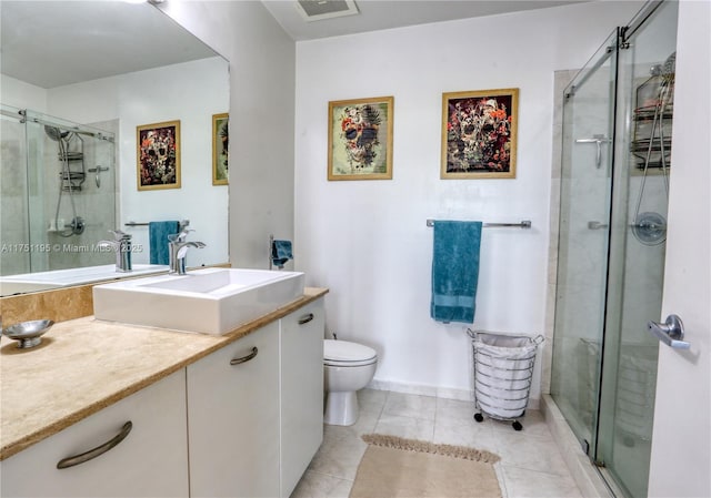 bathroom featuring visible vents, toilet, a shower stall, vanity, and tile patterned flooring