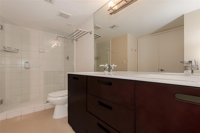 full bathroom with toilet, a shower stall, visible vents, and tile patterned floors