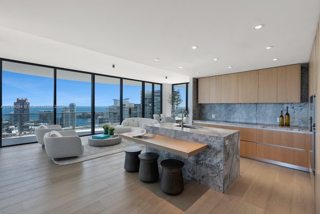 kitchen featuring a view of city, a sink, light wood finished floors, and modern cabinets