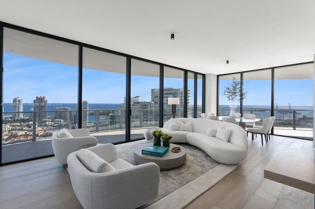 living area with a wall of windows, wood finished floors, and a city view