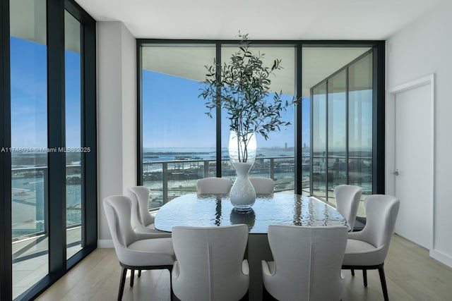 dining area featuring expansive windows, baseboards, and wood finished floors