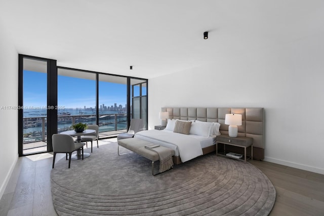 bedroom featuring a city view, a wall of windows, wood finished floors, and baseboards