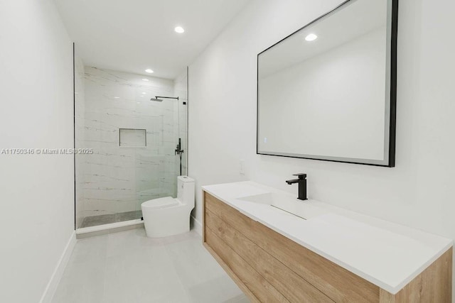 bathroom with a marble finish shower, vanity, toilet, and recessed lighting