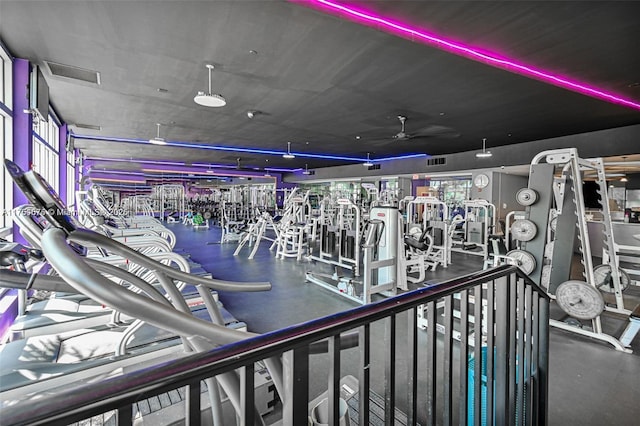 exercise room featuring a ceiling fan and visible vents