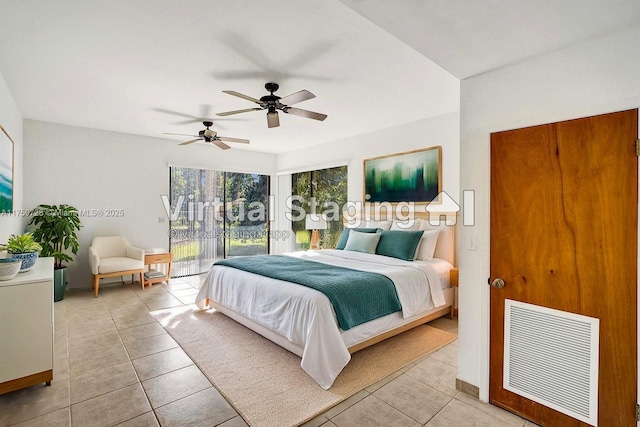 bedroom with access to exterior, visible vents, ceiling fan, and light tile patterned floors