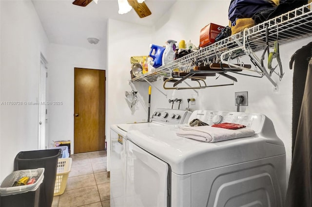 washroom with laundry area, light tile patterned flooring, ceiling fan, and washer and clothes dryer