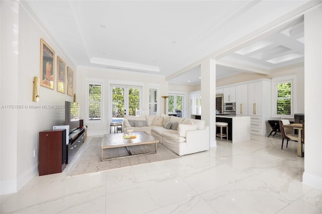 living room with french doors, crown molding, marble finish floor, and baseboards