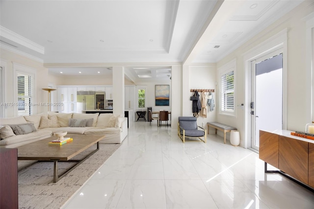 living area with ornamental molding, a wealth of natural light, marble finish floor, and a raised ceiling