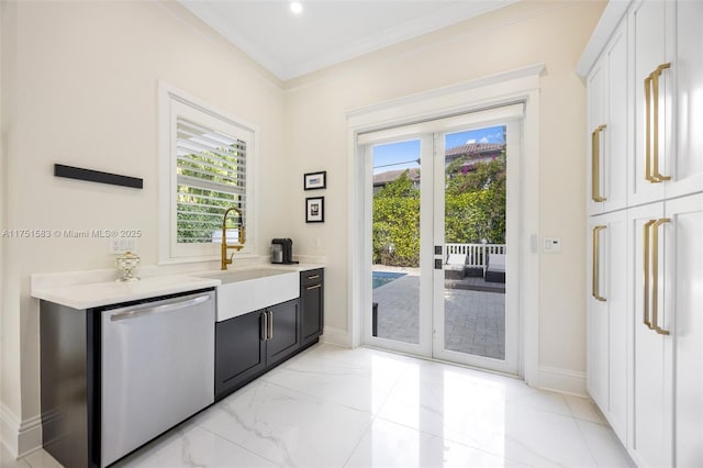 bar with ornamental molding, a healthy amount of sunlight, dishwasher, and a sink