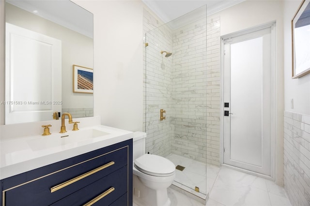 full bathroom with toilet, vanity, marble finish floor, ornamental molding, and a stall shower