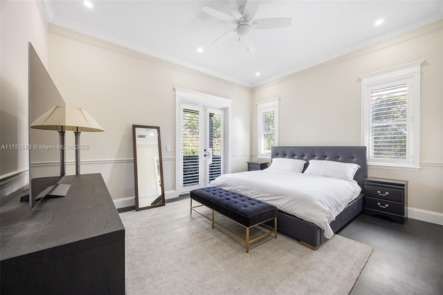 bedroom with access to outside, multiple windows, crown molding, and baseboards