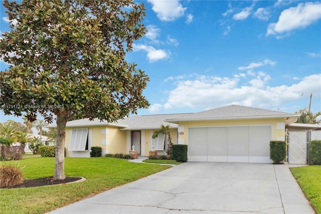 ranch-style home featuring concrete driveway, stucco siding, an attached garage, and a front yard