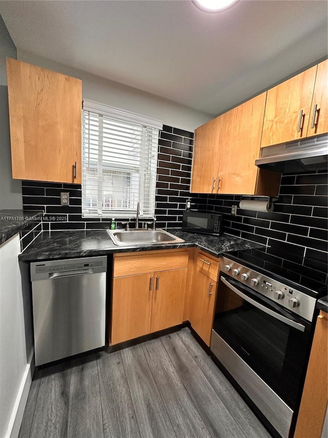 kitchen featuring dark wood finished floors, decorative backsplash, stainless steel appliances, under cabinet range hood, and a sink