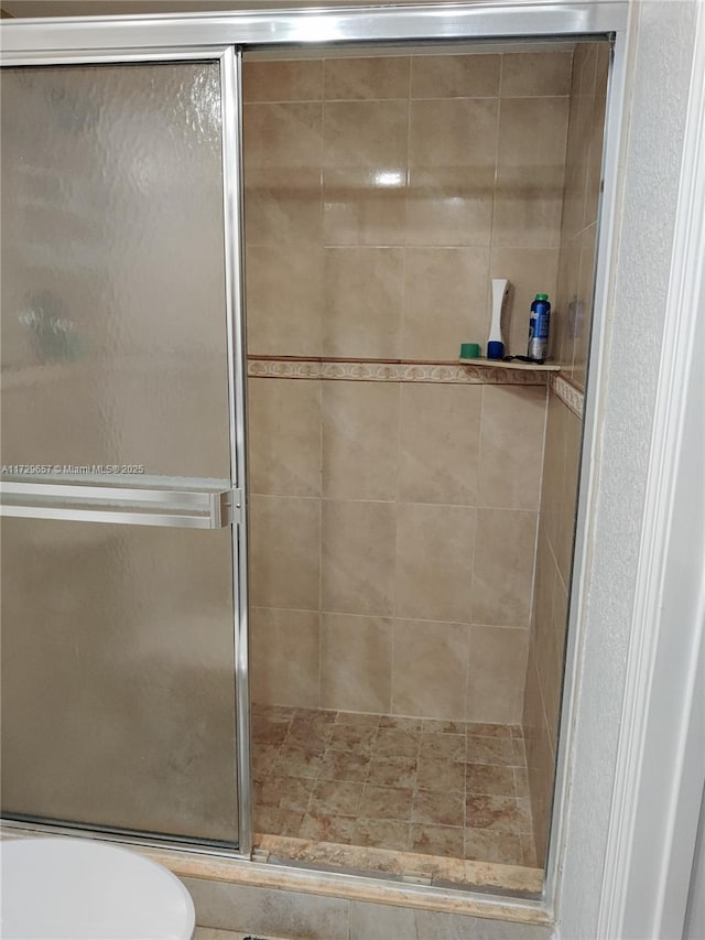 bathroom with a stall shower and toilet