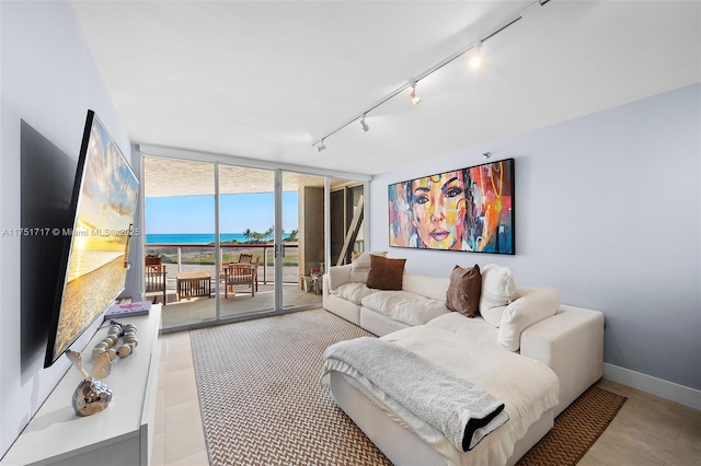 living area with baseboards, rail lighting, and expansive windows