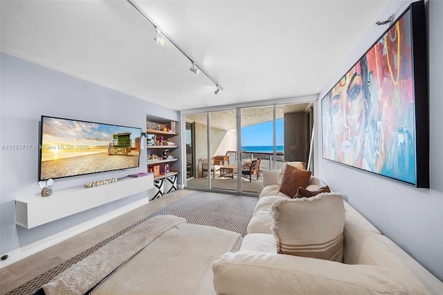 living area featuring track lighting, built in shelves, and wood finished floors
